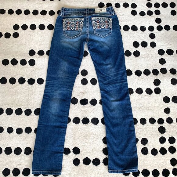 Miss Me Straight Embroidered Rhinestone Embellished Denim Low Rise Jeans - Picture 1 of 14